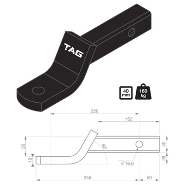 TAG Tow Ball Mount - 220mm Long, 135° Face, 40mm Square Hitch - Brixton 4x4 - Buy Online Now!